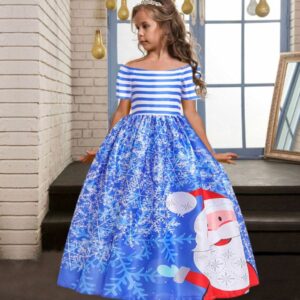 Girl long off shoulder Christmas dress - Blue (9)