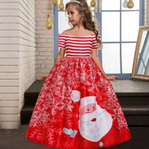 Girl long off shoulder Christmas dress - red (4)