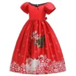 Girl long satin Christmas dress with sleeves-red (2)