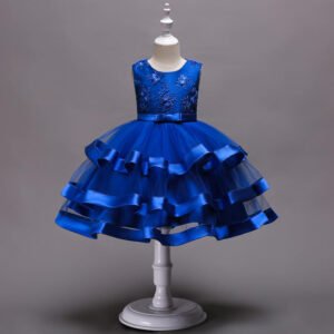 Girl satin and tulle party dress-blue (1)
