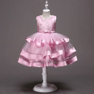 Girl satin and tulle party dress-pink (1)