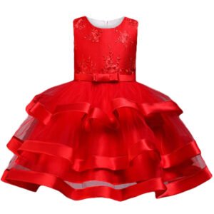 Girl satin and tulle party dress-red (2)