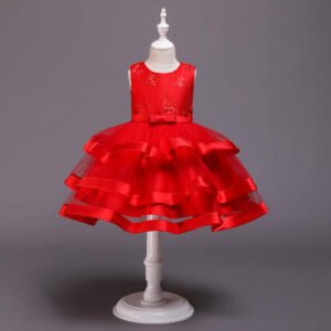 Girl satin and tulle party dress-red (3)