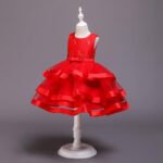 Girl satin and tulle party dress-red (4)