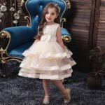 Girl satin tulle occasion dress-champagne (4)