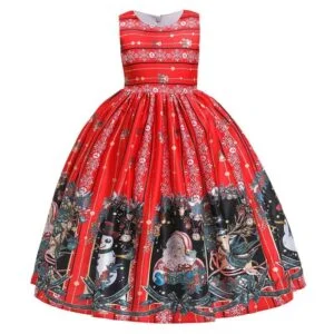 Girls long Christmas themed dress-red (3)