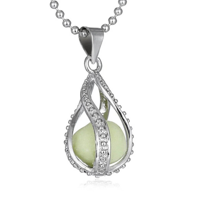 Glow in the dark teardrop necklace shown glowing in blue, aqua and green with silver tone pendant