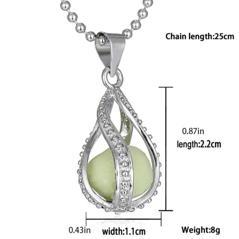 Glow in the dark teardrop necklace dimensions showing 2.2 cm pendant, 1.1 cm width and silver tone chain
