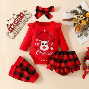 Baby girl Christmas plaid outfit set - Red (3)