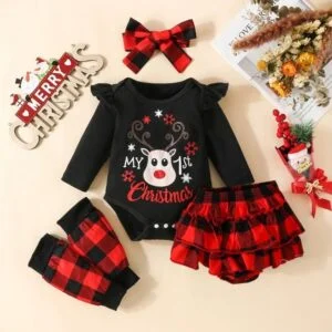 Baby girl Christmas plaid outfit set - black (2)