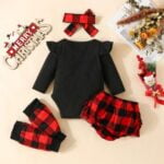 Baby girl Christmas plaid outfit set - black (3)