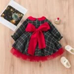 Girl long sleeve plaid Christmas dress-green (1)