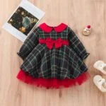 Girl long sleeve plaid Christmas dress-green (4)