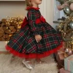 Girl long sleeve plaid Christmas dress-green (5)