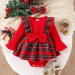 Red plaid baby girl Christmas dress with headband (1)
