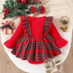 Red plaid baby girl Christmas dress with headband (4)