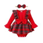 Red plaid baby girl Christmas dress with headband (5)