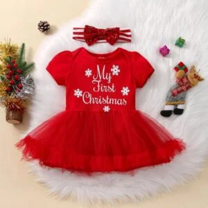 Red short sleeve baby girl Christmas dress with headband (3)