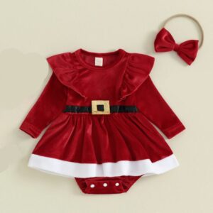Red velvet baby girl Christmas dress with headband (1)