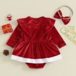 Red velvet baby girl Christmas dress with headband (2)