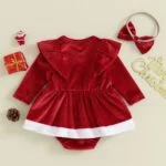 Red velvet baby girl Christmas dress with headband (2)