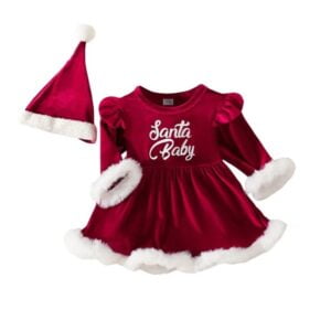 Red velvet baby girl Santa dress with hat (1)