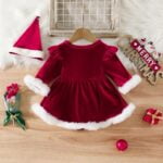 Red velvet baby girl Santa dress with hat (6)