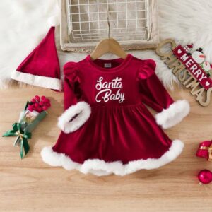 Baby girl Santa Baby red velvet Christmas romper dress with matching Santa hat and faux fur trim