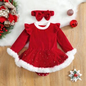Baby girl red velvet Christmas dress romper with faux fur trim, glitter tulle skirt and matching bow headband