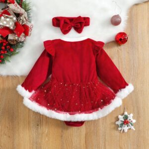 Back view of baby girl red velvet Christmas dress romper with matching bow headband