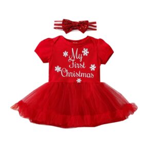 Red My First Christmas baby girl tutu romper dress with layered tulle skirt and matching sequin bow headband