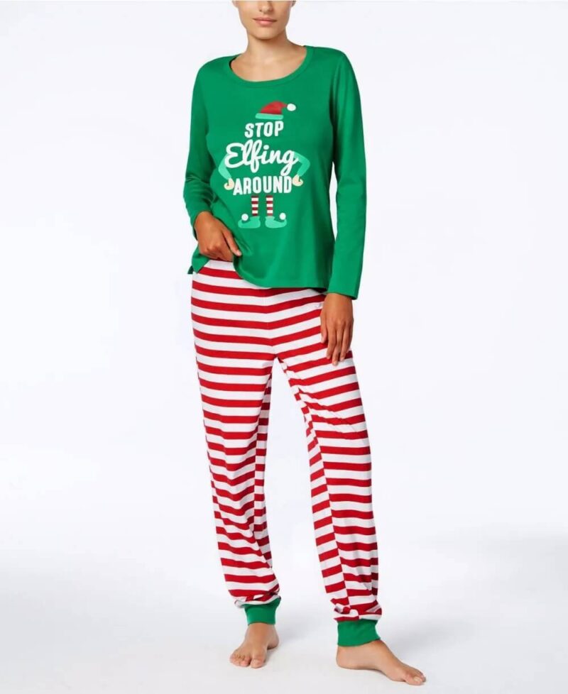 Men's Stop Elfing Around Christmas pyjama set with green top and striped bottoms