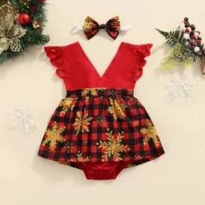 V-neck baby girl Christmas dress - Red (1)