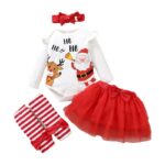 Baby Girl Christmas Tutu Outfit Set (1) Baby girl Christmas tutu outfit set with Santa bodysuit, red tulle skirt, striped leg warmers and matching headband