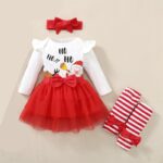 Baby Girl Christmas Tutu Outfit Set (2) Baby girl Santa Christmas bodysuit with red tutu skirt, striped leg warmers and bow headband