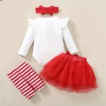 Baby Girl Christmas Tutu Outfit Set 3 Back view of baby girl Christmas tutu outfit with white bodysuit, red tulle skirt and striped leg warmers