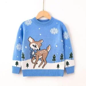 Deer print girl Christmas jumper-blue