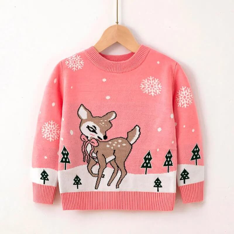 Deer print girl Christmas jumper-pink (1)