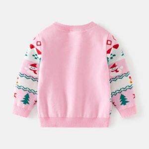 Back view of pink kids Christmas jumper with festive patterned sleeves and plain knitted back