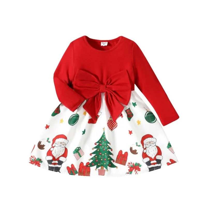 Girl Long Sleeve Printed Christmas Dress White