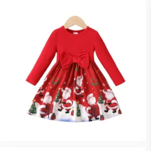 Girl long sleeve printed Christmas dress - red (3)