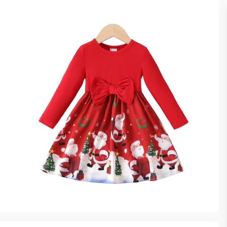 Girl long sleeve printed Christmas dress - red (3)