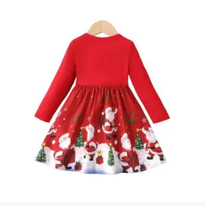 Girl long sleeve printed Christmas dress - red (4)