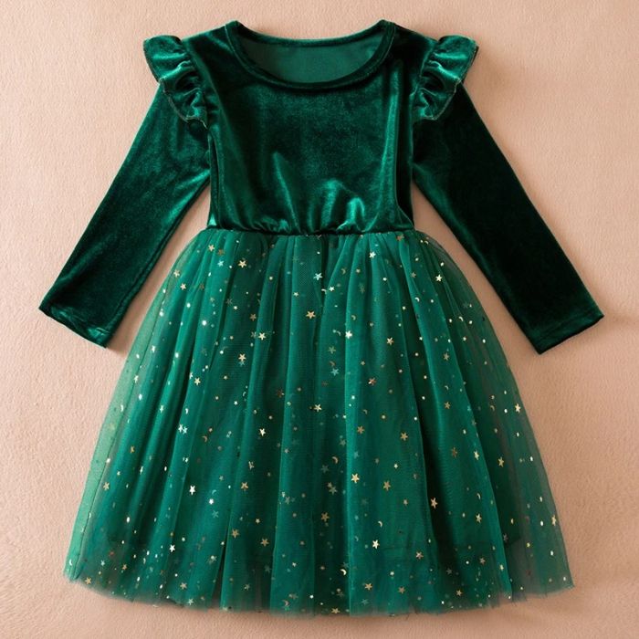 Girl velvet tulle party dress - Green (3)