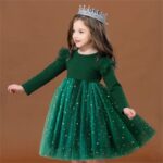 Girl velvet tulle party dress - Green (5)