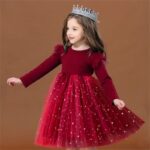 Girl velvet tulle party dress - red (3)