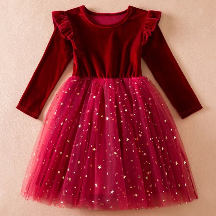 Girls red velvet star tulle Christmas party dress with long sleeves and glitter mesh skirt