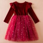 Back view of girls red velvet Christmas dress with glitter star tulle skirt