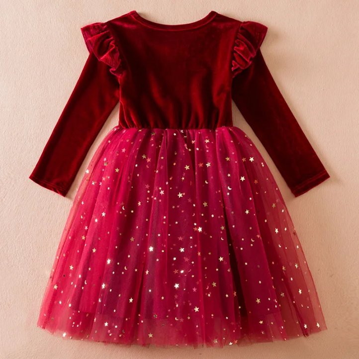 Back view of girls red velvet Christmas dress with glitter star tulle skirt