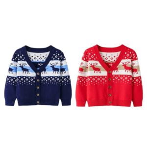 Red and navy girls printed Christmas cardigans with festive reindeer knit design